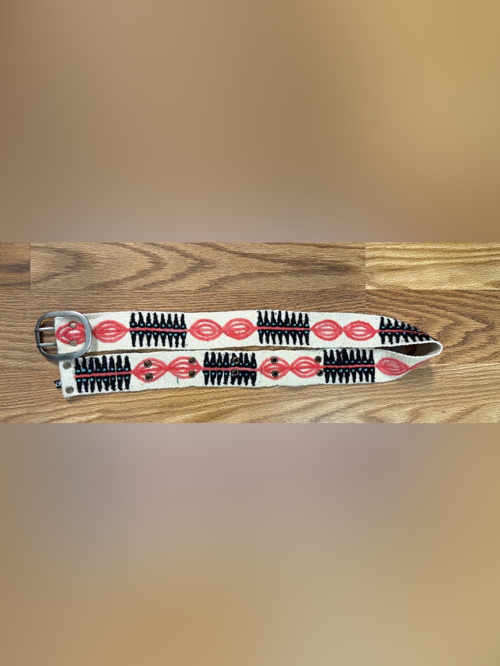 Jenny Krauss Handwoven Multicolor Wool Belt in Cream, Coral & Black size Medium